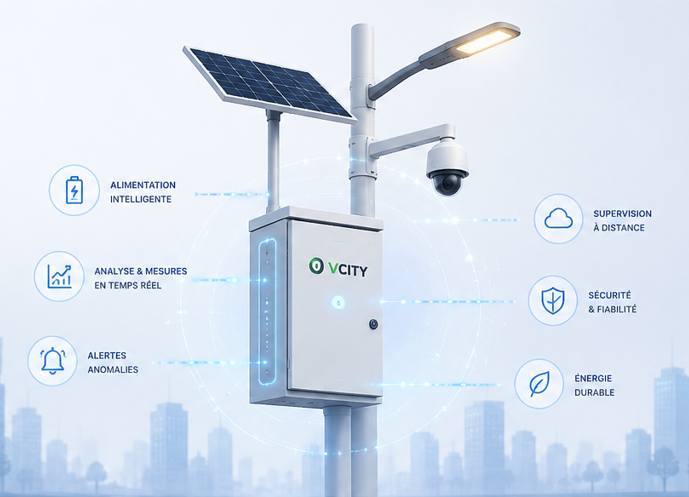 Lampadaire connecté VCity avec panneau solaire, caméra et boîtier de supervision